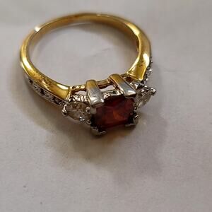 Vintage silver ring 925 Two Tone Red CZ Square Center Three Stone Ring Size 7